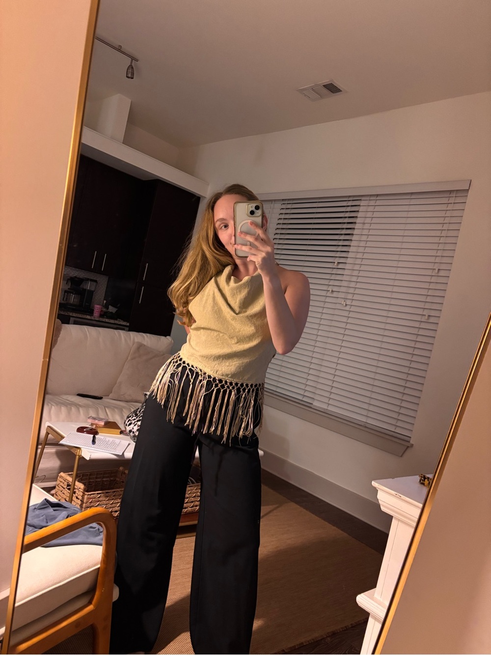 Fringed Halter Cowl Top in Light Beige